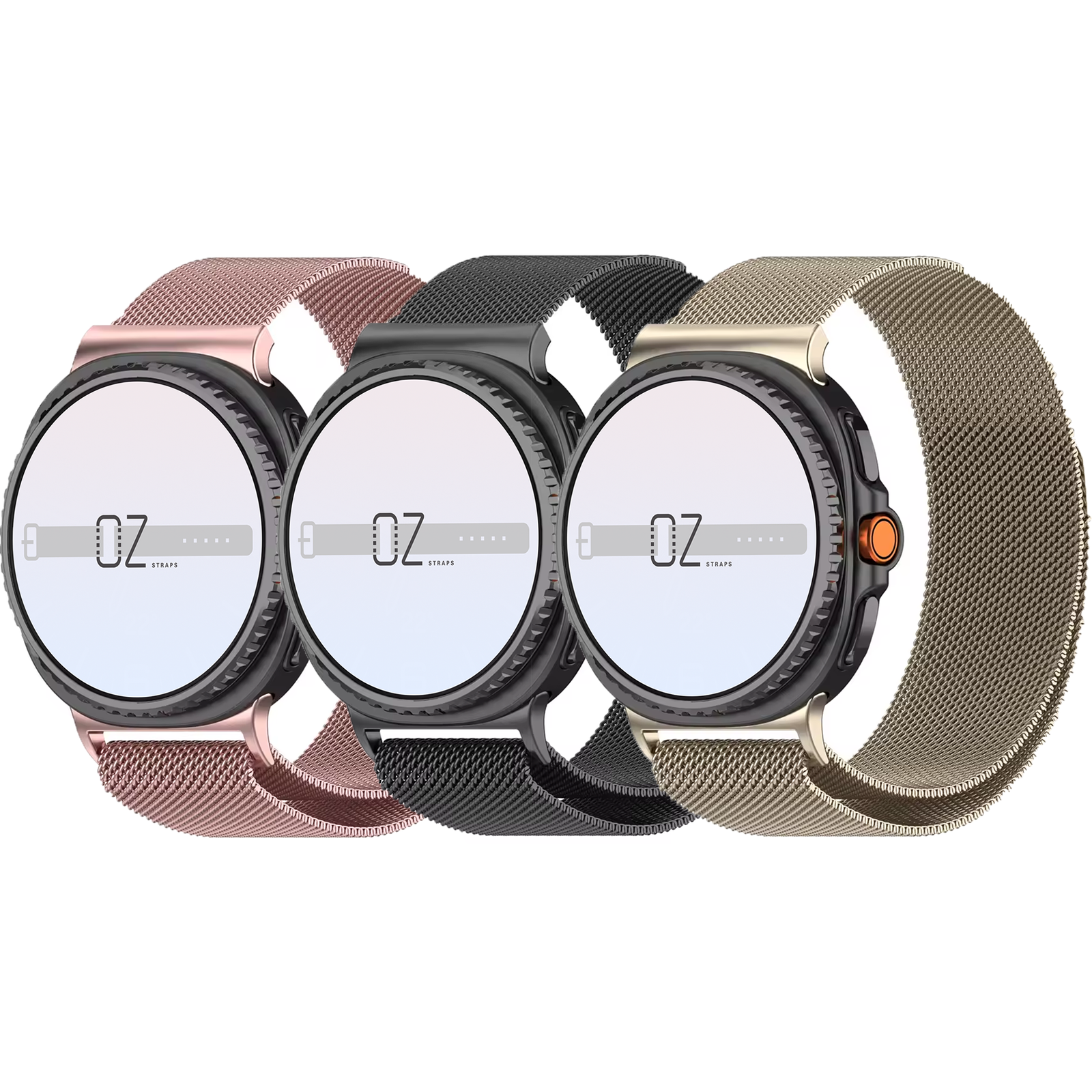 Three Samsung Galaxy Watch 8 Smartwatches with Milanese Loop bands in Pink, Graphite and Starlight.