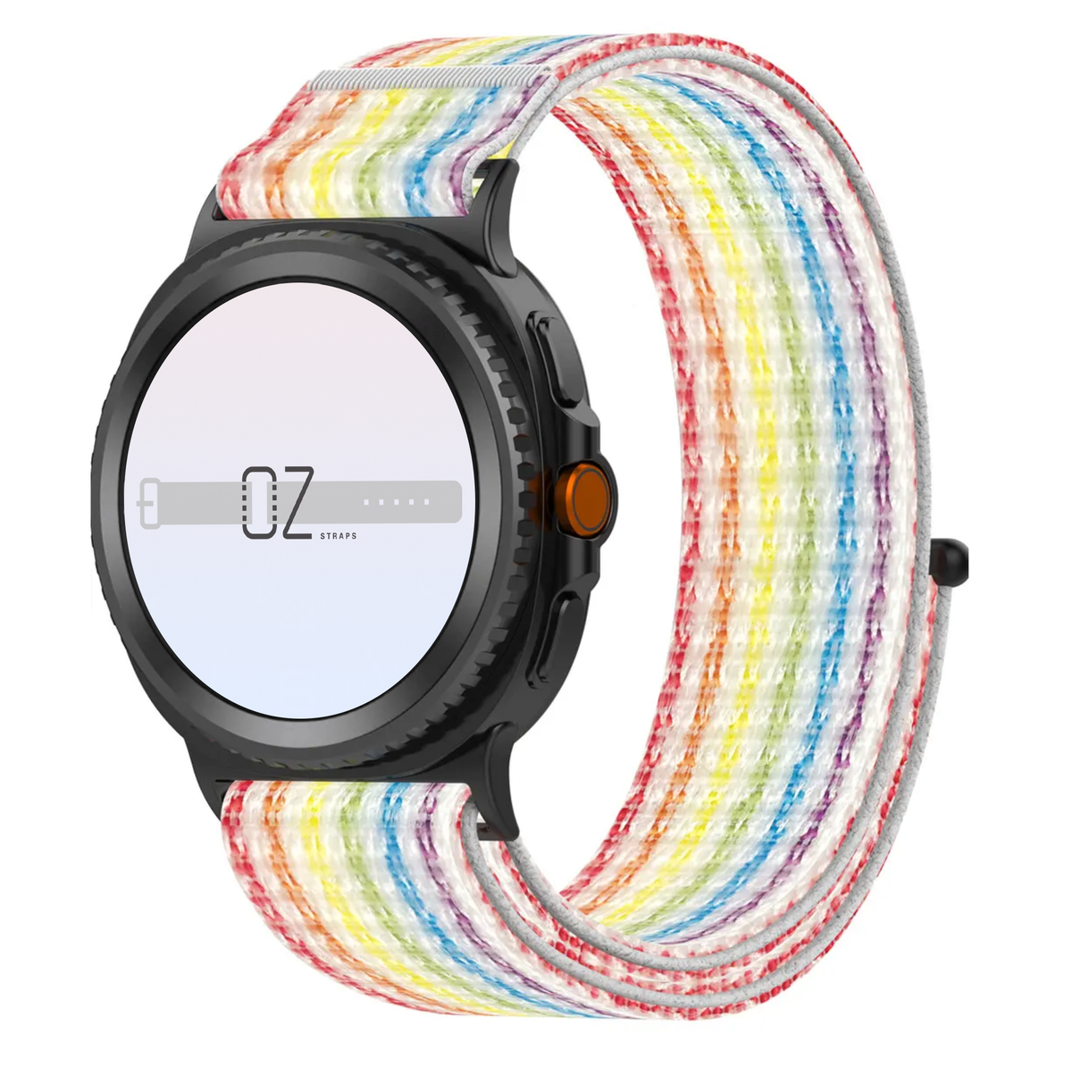 Samsung Galaxy Watch smartwatch with a Sport Loop watch band in Rainbow Pride colours