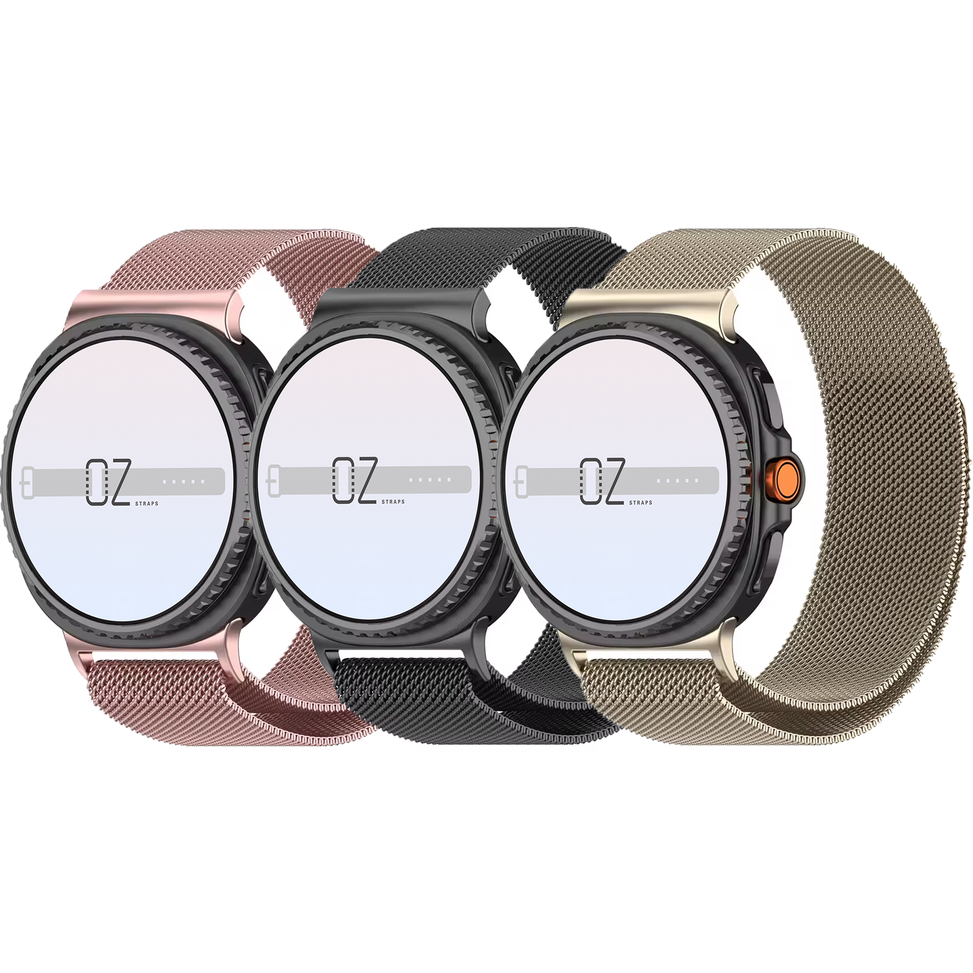 Three Samsung Galaxy Watch 8 Smartwatches with Milanese Loop bands in Pink, Graphite and Starlight.